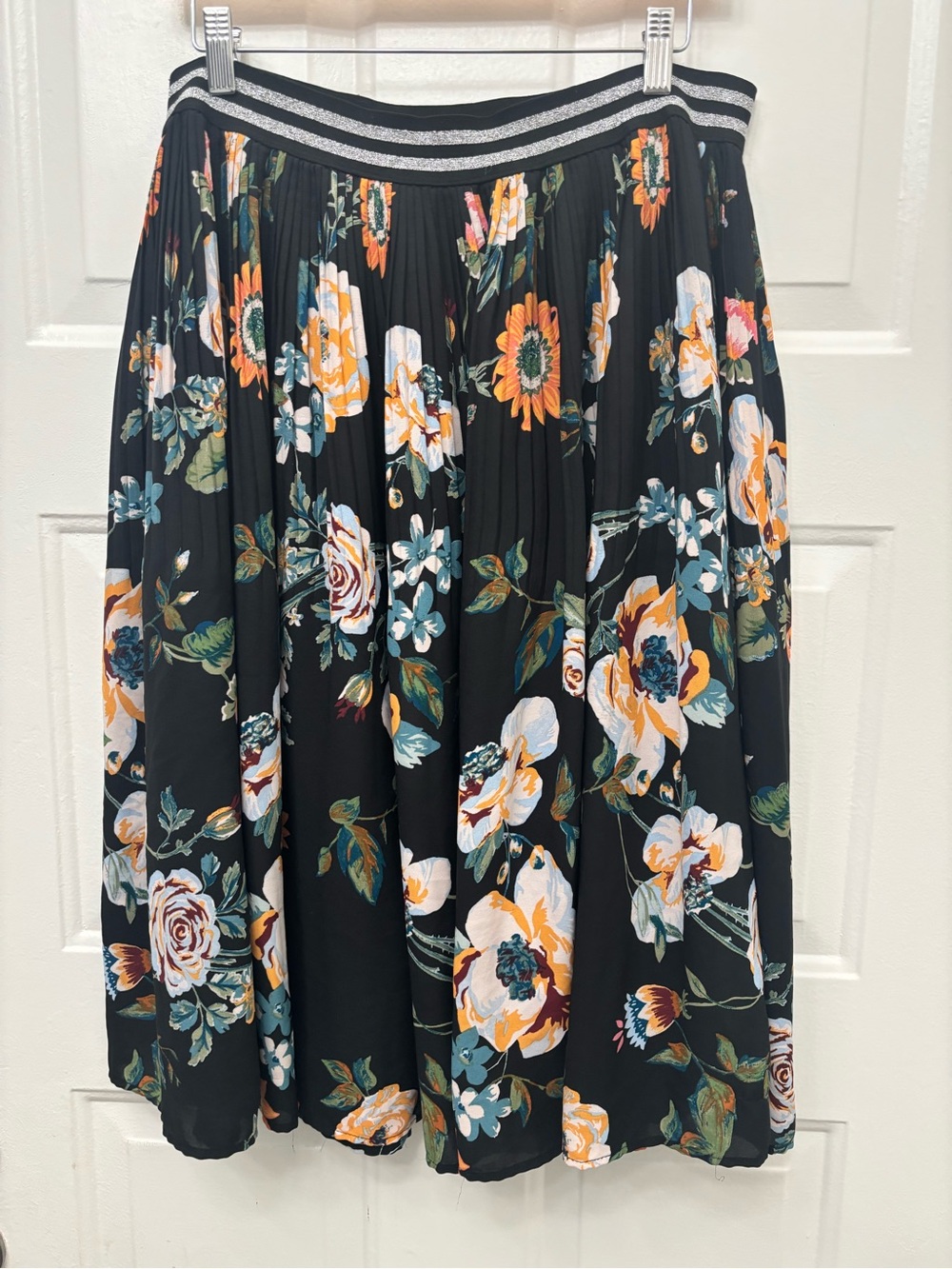 Ava & Viv Black Floral Pleated Skirt with Orange & Teal Blooms